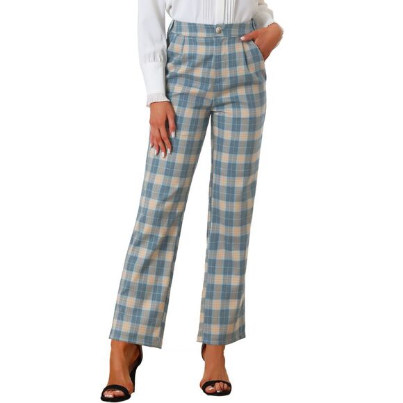 Allegra K Pants - Plaid Pants Elastic Waist Casual Work Office Long Trousers Khaki Gray Blue